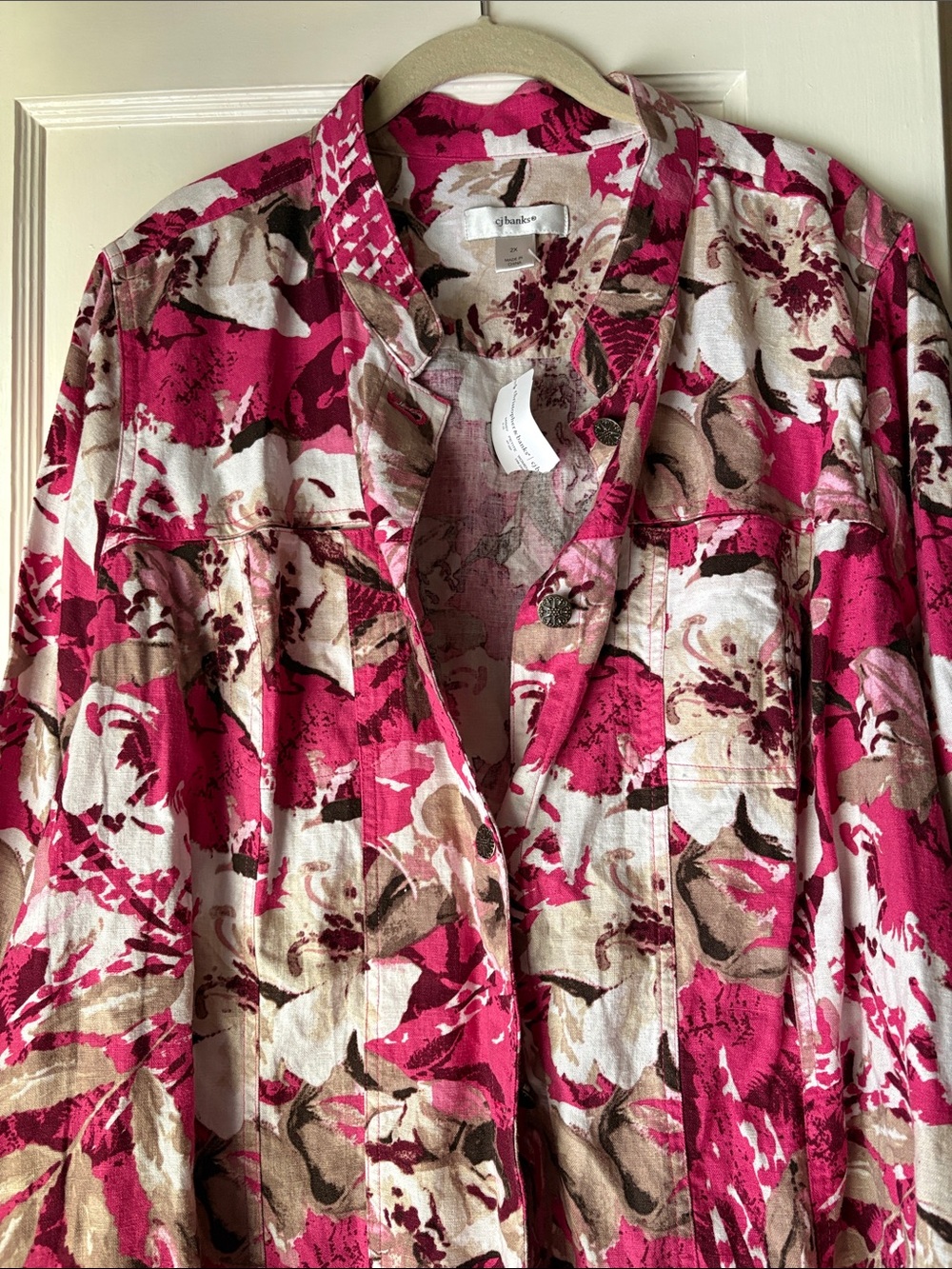 CJ Banks Pink Cream Brown Floral Button-Front Robe Shirt